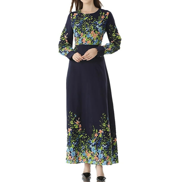 BAOHOKE Muslim Elegant Floral Printed Long Sleeve Pleated Maxi Dresses,Womens High Waist Spring Big Swing Dress 